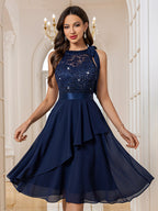 84170A Women's Elegant Round Neck Bow Tie Detail Back Cut-Out Sequin Lace Patchwork Chiffon Asymmetrical Ruffle Hem Midi Party Gown Evening Dress - Navy Color