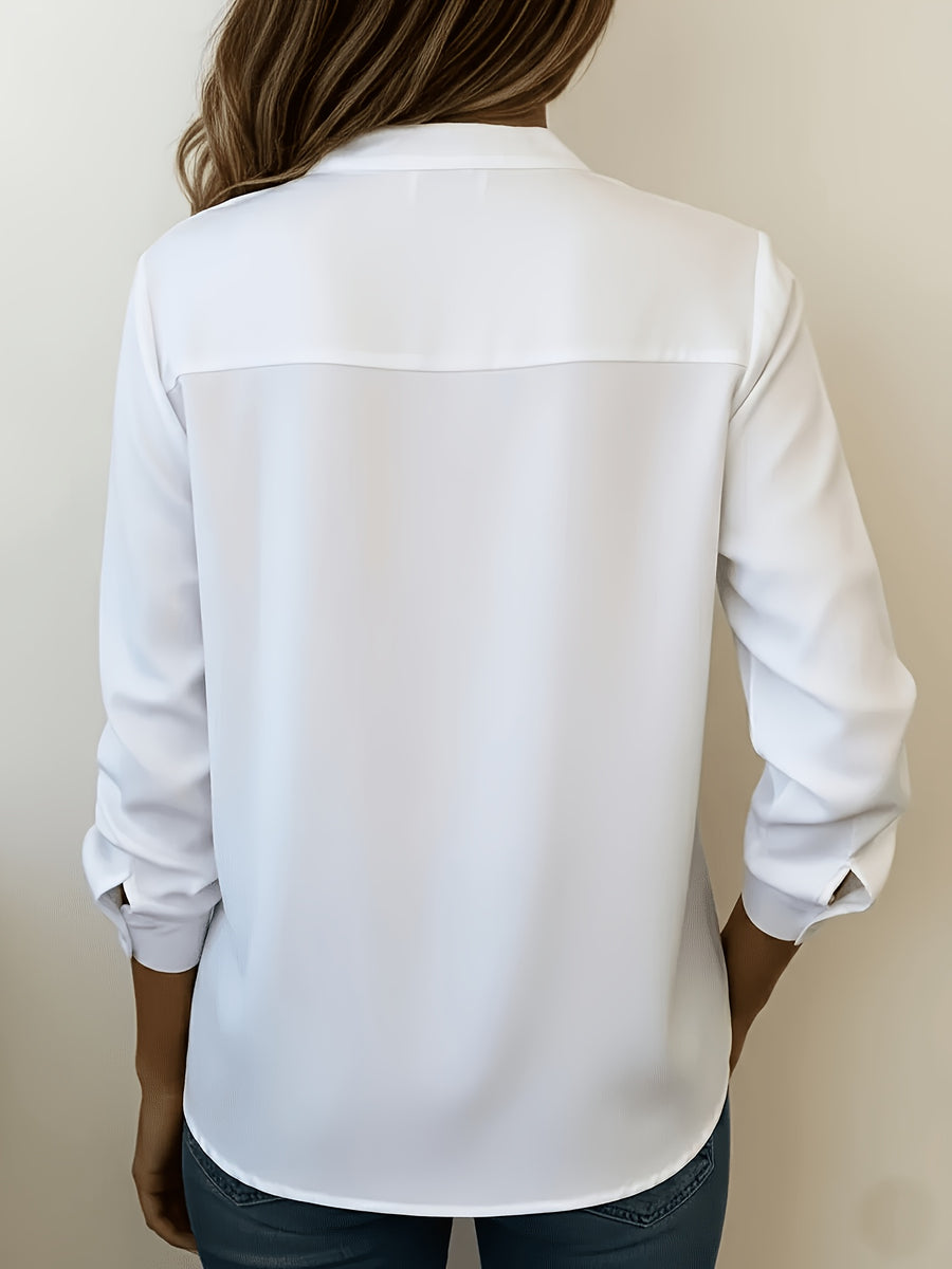 Women'S Elegant New Solid Color Minimalist Small Lapel V-Neck Long Sleeve Shirt, Women'S Top for Daily Commute, Easy And Versatile Blouse, ZLLZ - White