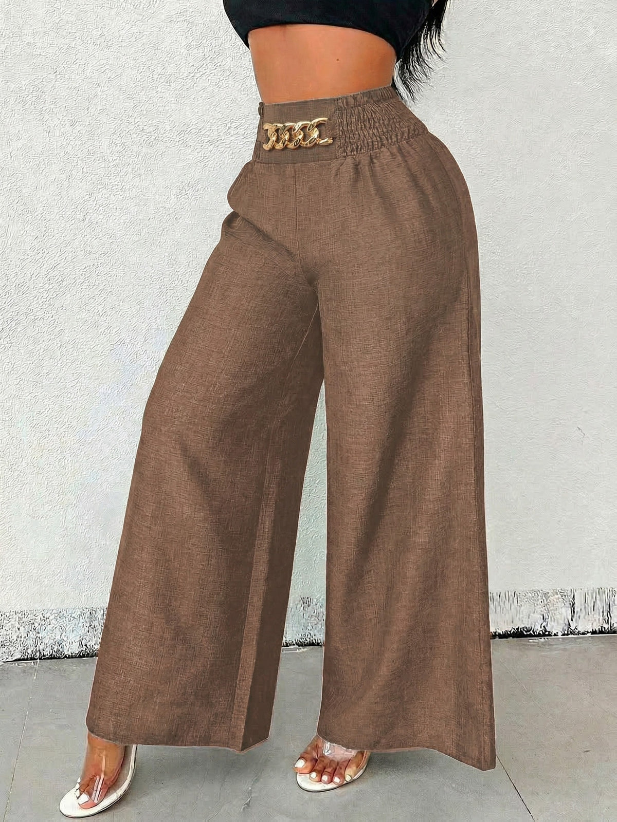 【imitation denim】[Printed Pants - Not Faux Denim Fabric]Women'S Elegant And Fashionable Faux Denim Waist Metal Buckle Elastic Waist Wide-Leg Pants, Solid Color Casual Comfortable Commuting Street Vacation Slightly Loose Straight-Leg Pants - Amber
