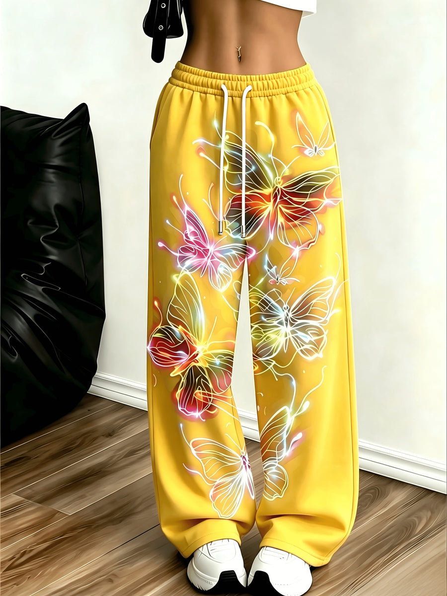 Women's Neon Butterfly Glow-in-the-dark Pattern Jogging Pants with Pockets, Elastic Waistband, and Straight-leg Design - Mixed Color 3