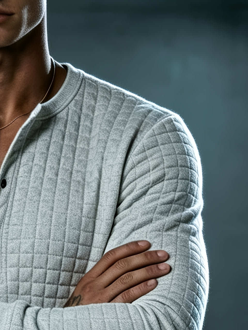 Autumn New Men'S White Checkered Henley Long Sleeve T-Shirt, Henley Collar Textured Top, Easy Rugged Slim Fit, Salon Gathering Casual Wear, Easy Fashion, Men'S Half-Open Long Sleeve - Light Grey