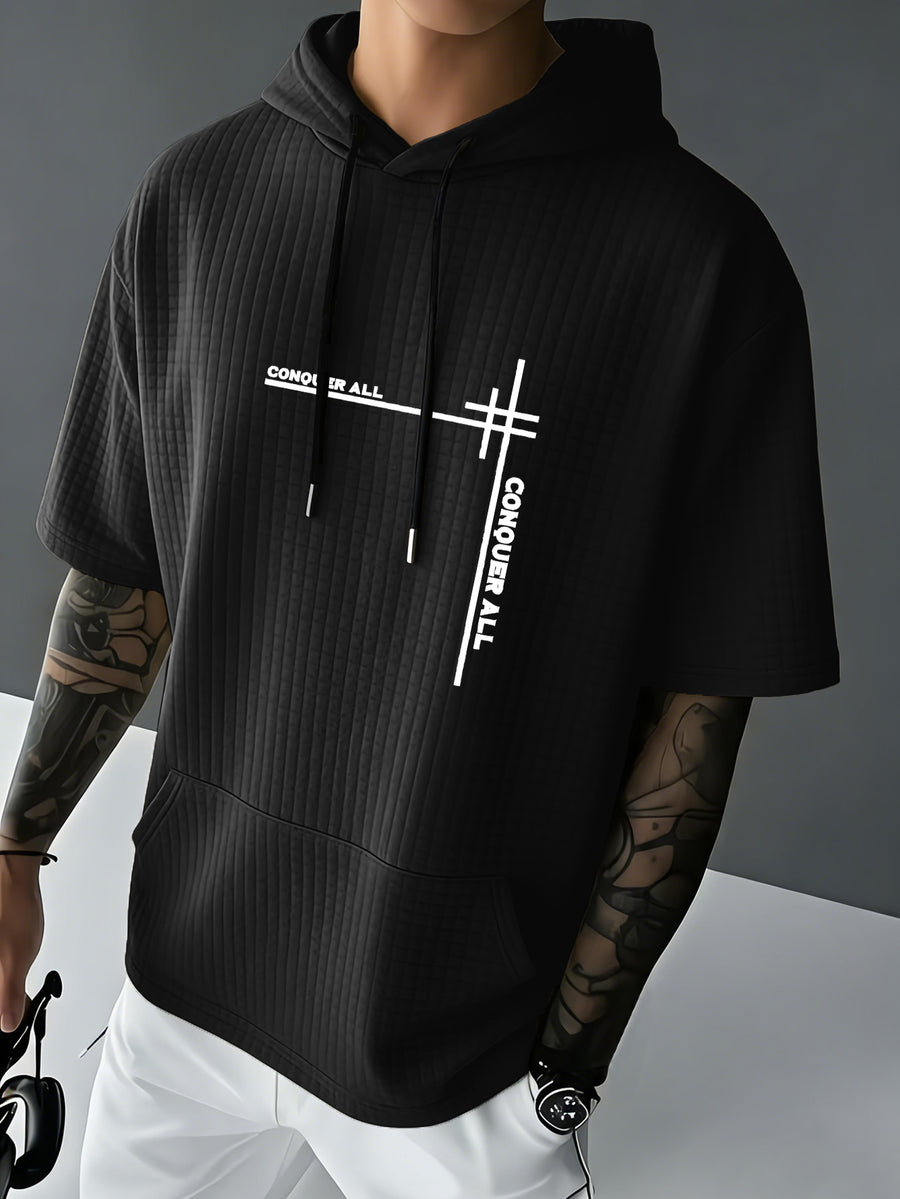 CONQUER ALL Men's Waffle Knit Short-Sleeve Hooded Sweatshirt with Comfortable Print and Drawstring, Short-Sleeve T-Shirt with Pocket, Summer Casual Fashion Men's Apparel, Suitable for Outings and Home Wear, Suitable for Daily and Formal Wear - Black