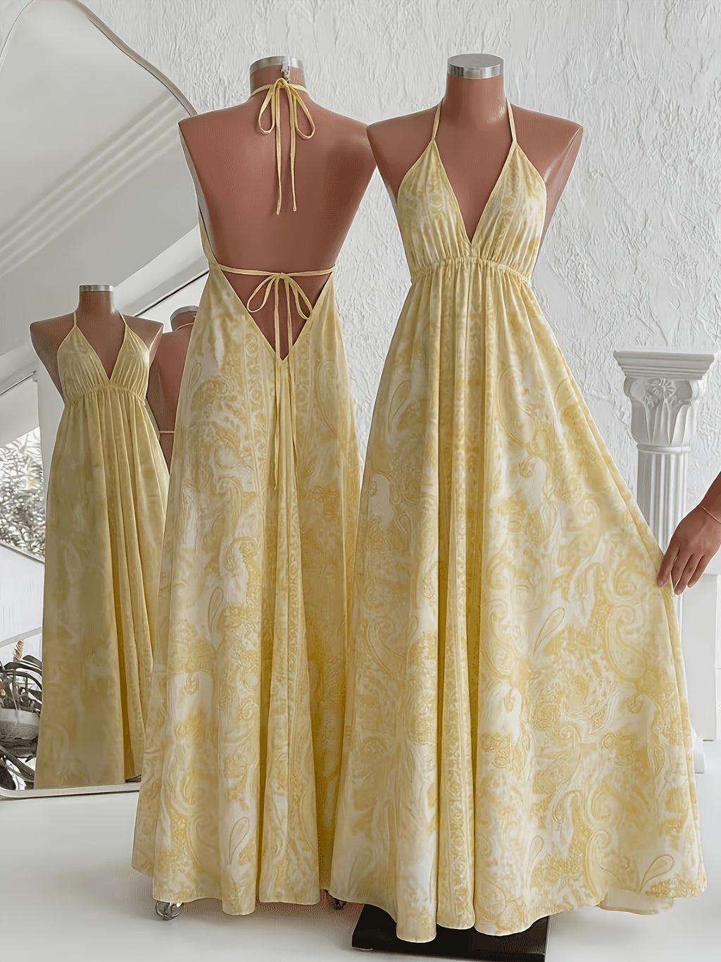 Women'S Summer Vacation Style Printed Backless Drawstring Dress, Perfect for Parties, Birthdays, And Dates - Yellow