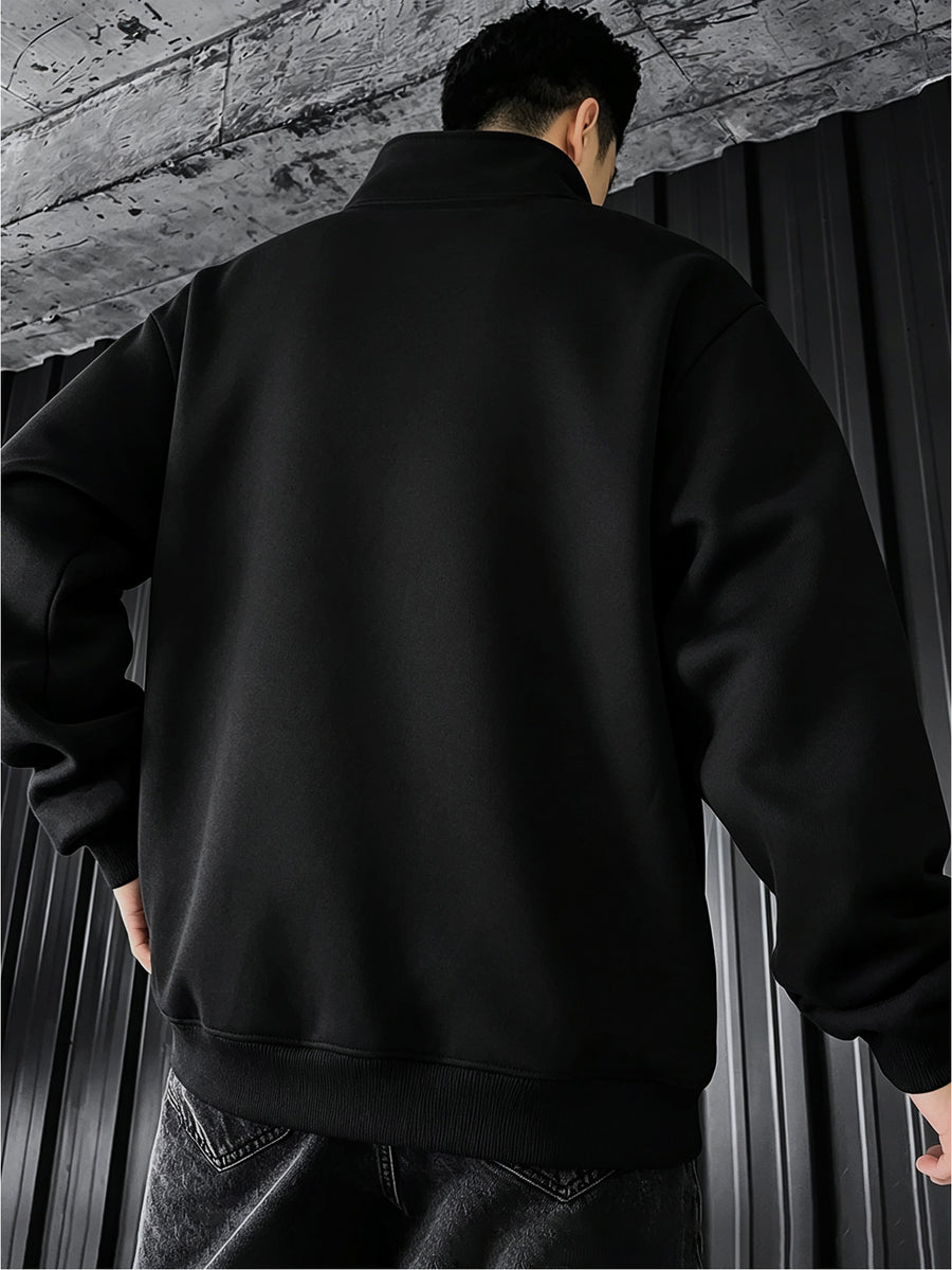 Men's Stand Collar Jacket Outerwear for Outdoor Commuting, Simple Casual Long Sleeve Spring/Autumn Pocket Style with Ribbed Cuffs, Full Zipper Closure, Side Zipper Pockets, Cardigan Jacket - Black