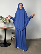2pcs Set: Middle East Dubai 2pcs Set, Including 1 Solid Color Long Headscarf + 1 Long Robe, Women's Fashion Loose Robe Ramadan Prayer Outfit - Royal Blue