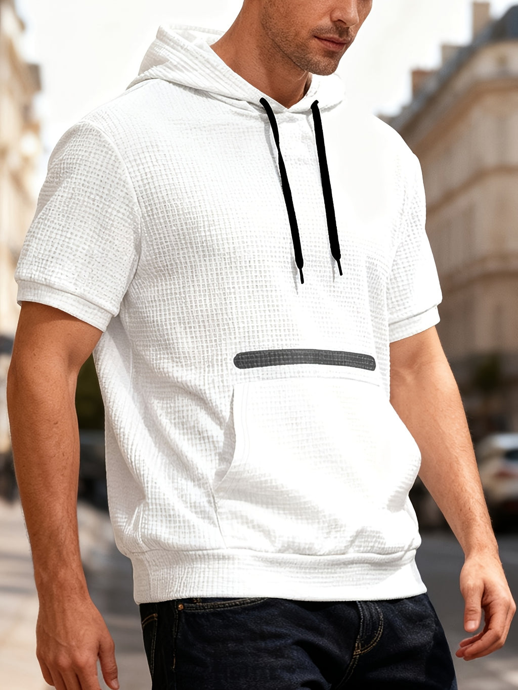 Spring/Summer Outdoor White Short-Sleeve Hooded Sweatshirt, Waffle Knit Breathable Fabric, Non-Stuffy, Versatile Half-Sleeve Top for Commuting and Shopping - White