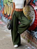 Women's Elegant Vintage High-Waisted Wide- Pants - Loose Fit Solid Green Trousers with Curved Hem & Zipper Closure, Machine Washable Suitable for Spring/Summer Casual Streetwear, Office, Casual Attire - Military Green