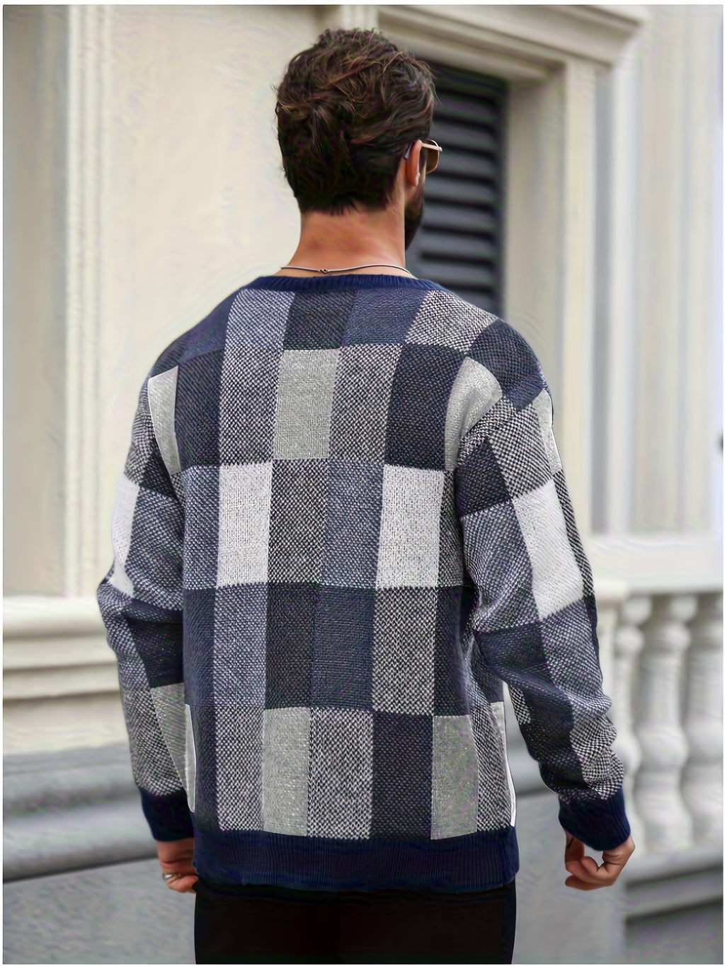 Men'S Casual Color-Block Checkered Design Loose Knit Pullover, Trendy Blocked Long Sleeve Round Neck Sweater, Suitable for Fall Winter Wear, Fashion Statement Piece - Navy Color
