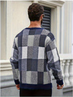 Men'S Casual Color-Block Checkered Design Loose Knit Pullover, Trendy Blocked Long Sleeve Round Neck Sweater, Suitable for Fall Winter Wear, Fashion Statement Piece - Navy Color