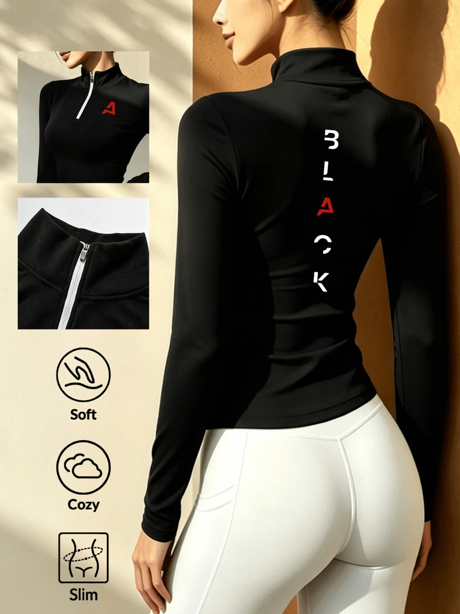 Stand-up Collar Half-zip Long-sleeve T-shirt, Autumn/winter Warm Half-high Neck Base Layer Top - Black