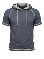 Summer Cross-Border Western Men'S Hooded Short-Sleeve T-Shirt, Color-Block Foreign Men'S Athletic Top - Deep Blue