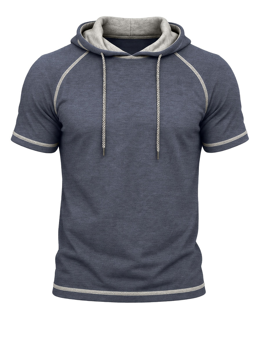 Summer Cross-Border Western Men'S Hooded Short-Sleeve T-Shirt, Color-Block Foreign Men'S Athletic Top - Deep Blue