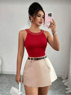 Women'S Tank Top And Camisole, French Summer Sexy Fitted Round Neck with Beading - Red