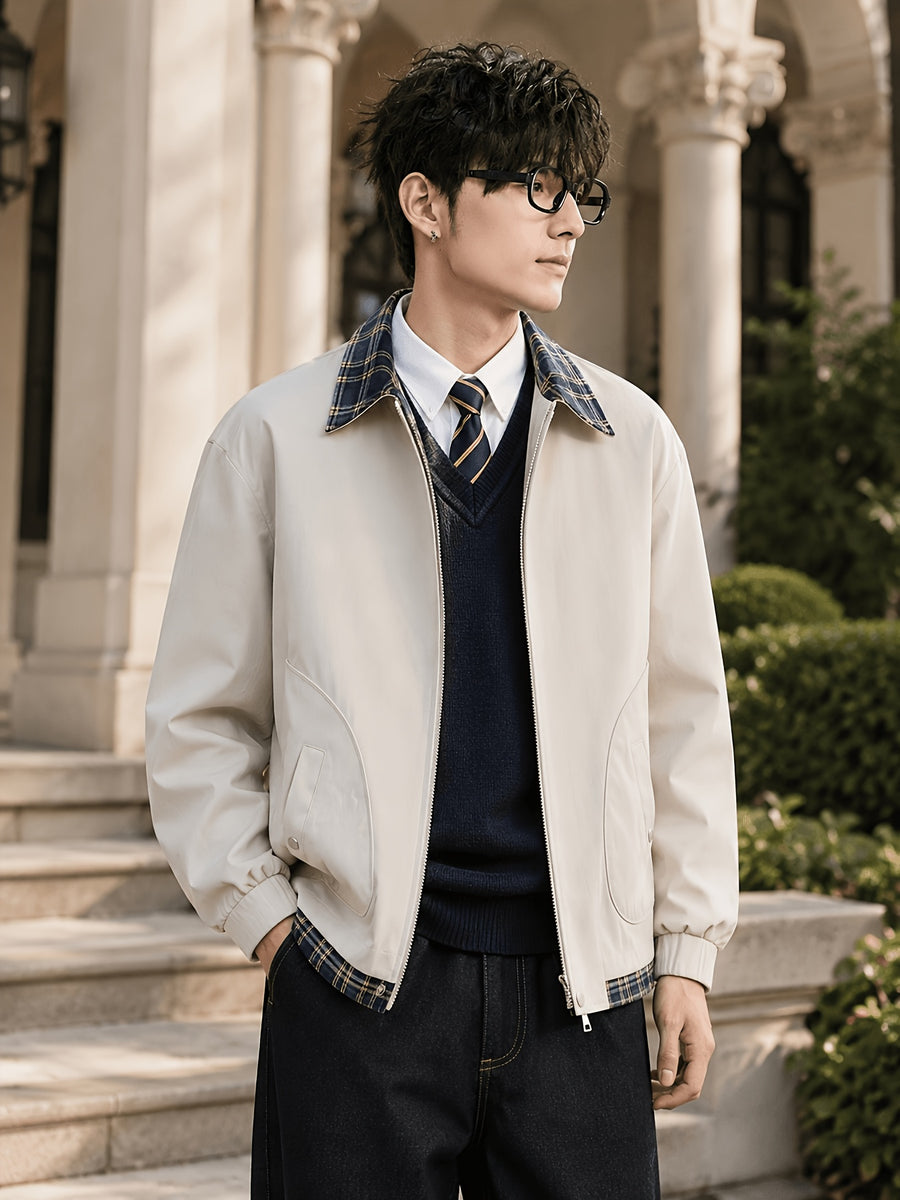 Men'S Spring Autumn Lapel Jacket, Retro Plaid Patchwork Collar Design, Loose Short Casual Top, Zippered Cardigan with Elastic Cuffs, Preppy Style Versatile Outerwear, Suitable for Commute, Campus, Streetwear, And Daily Wear - Milky