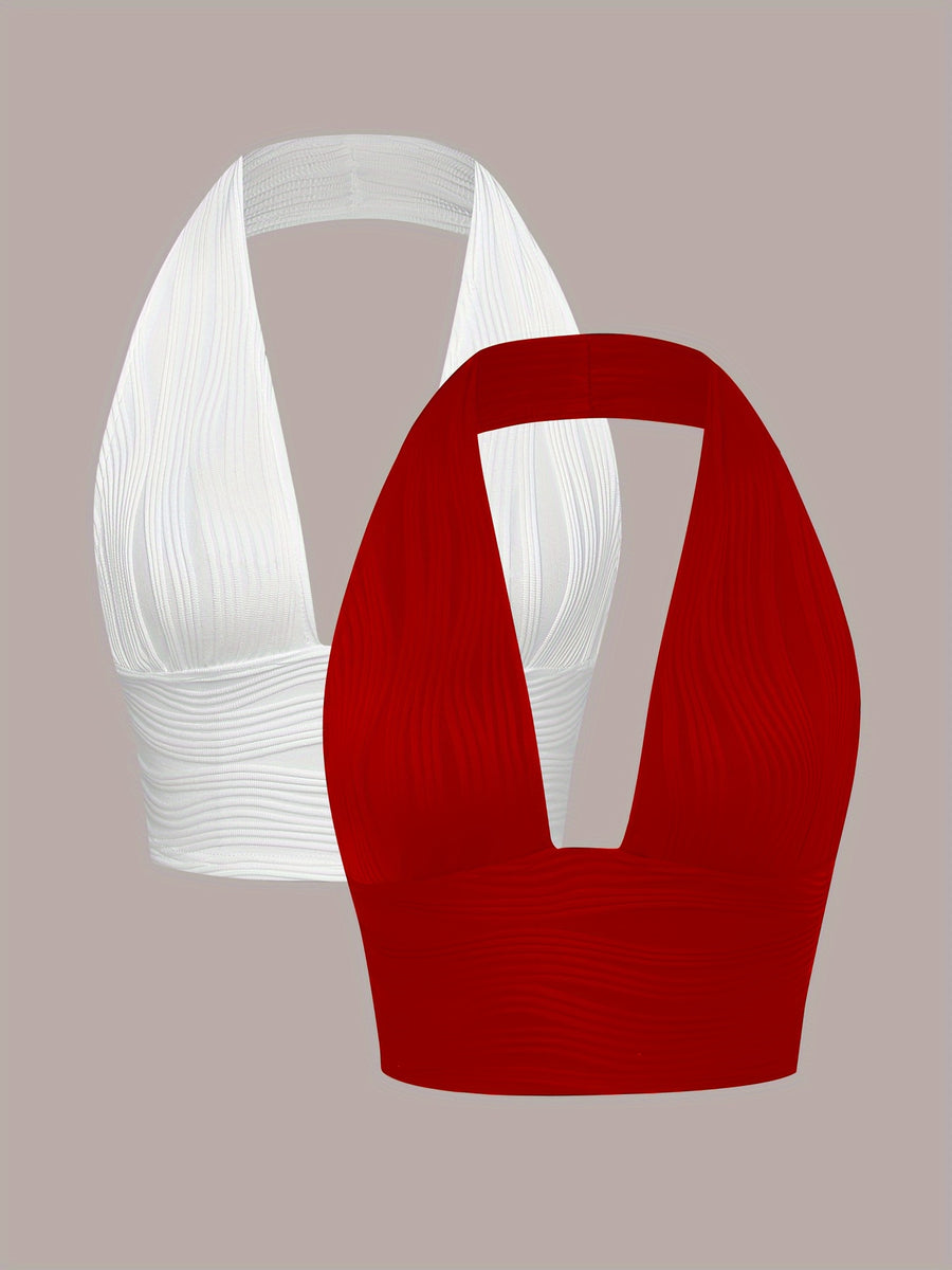 Solid Color Backless Crop Top Sexy Halter Neck Top Two-Pack, Elegant Women's Crop Top, Casual and Elegant Beach Outing Women's Vacation Wear, Sleeveless Tank Top, Camisole Tank Top, Summer Clothing, New Summer Arrivals - Mixed Color 2