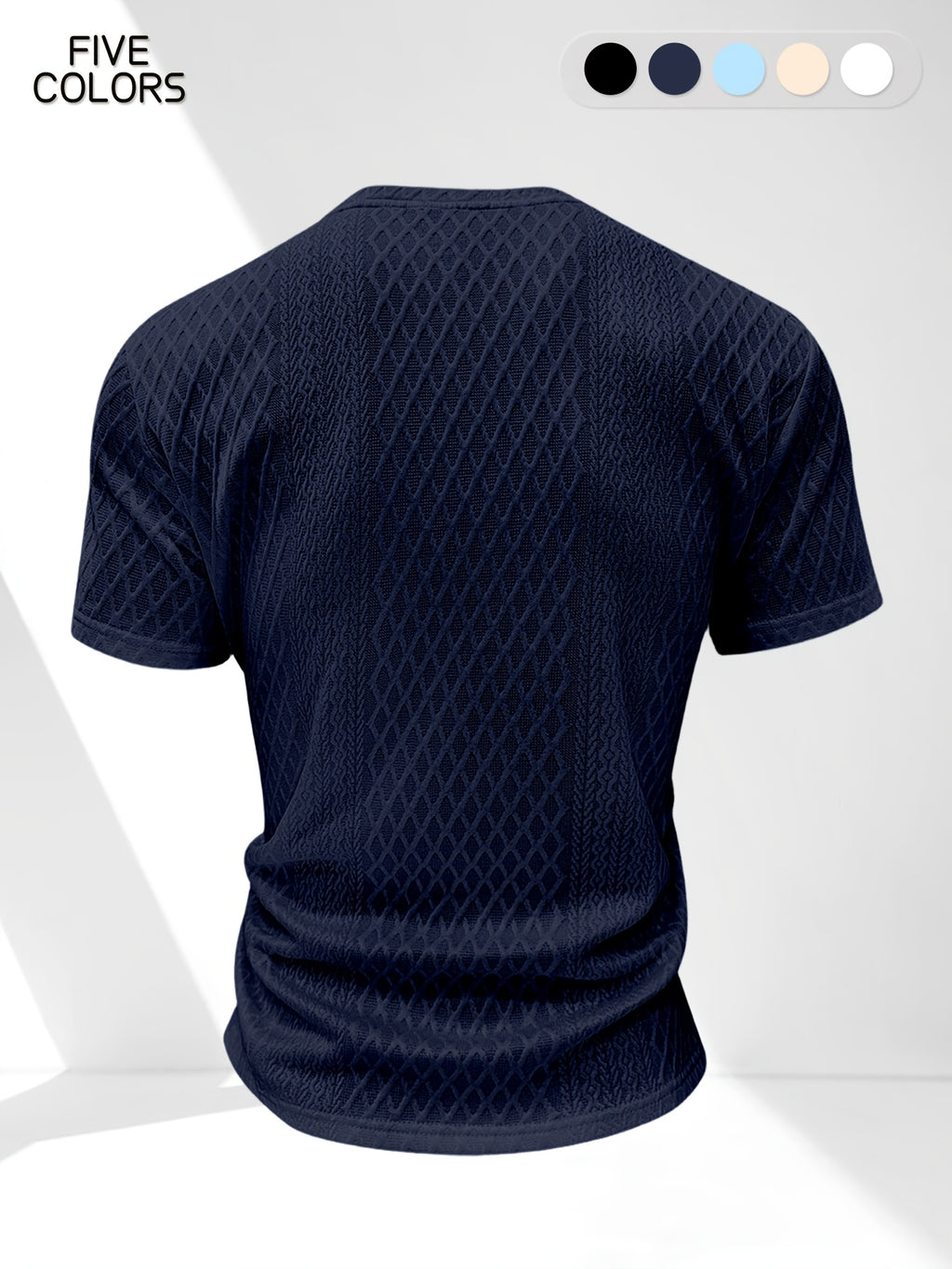 Men'S Summer Casual Premium Textured Solid Round Neck Short Sleeve, Comfortable Breathable Textured Fabric T-Shirt, Suitable for Outdoor Vacation And Daily Wear - Navy Color