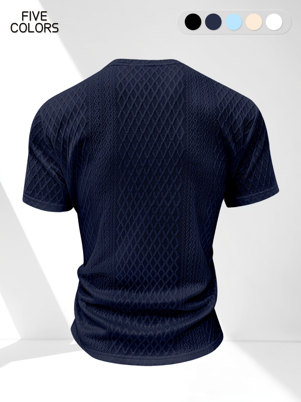 Men'S Summer Casual Premium Textured Solid Round Neck Short Sleeve, Comfortable Breathable Textured Fabric T-Shirt, Suitable for Outdoor Vacation And Daily Wear - Navy Color