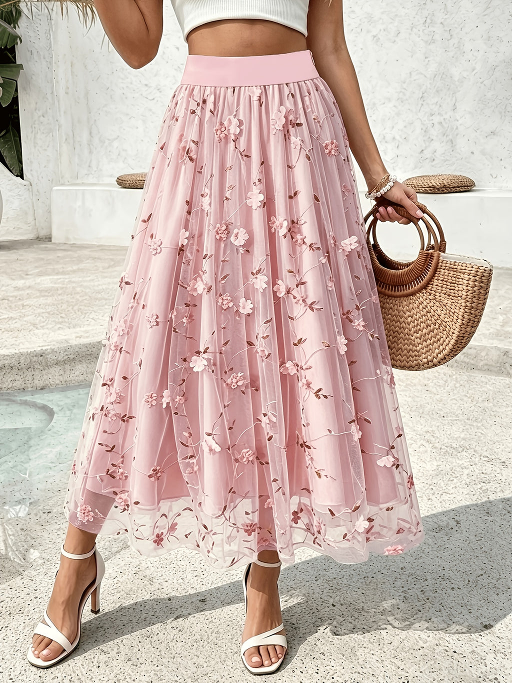 Women'S Elegant Spring Summer Embroidered Mesh Floral Appliqué A-Line Vacation Dress, Suitable for Vacation, Dating, Parties, Commuting And Other Occasions - Pink