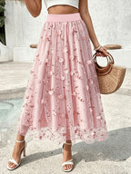 Women'S Elegant Spring Summer Embroidered Mesh Floral Appliqué A-Line Vacation Dress, Suitable for Vacation, Dating, Parties, Commuting And Other Occasions - Pink