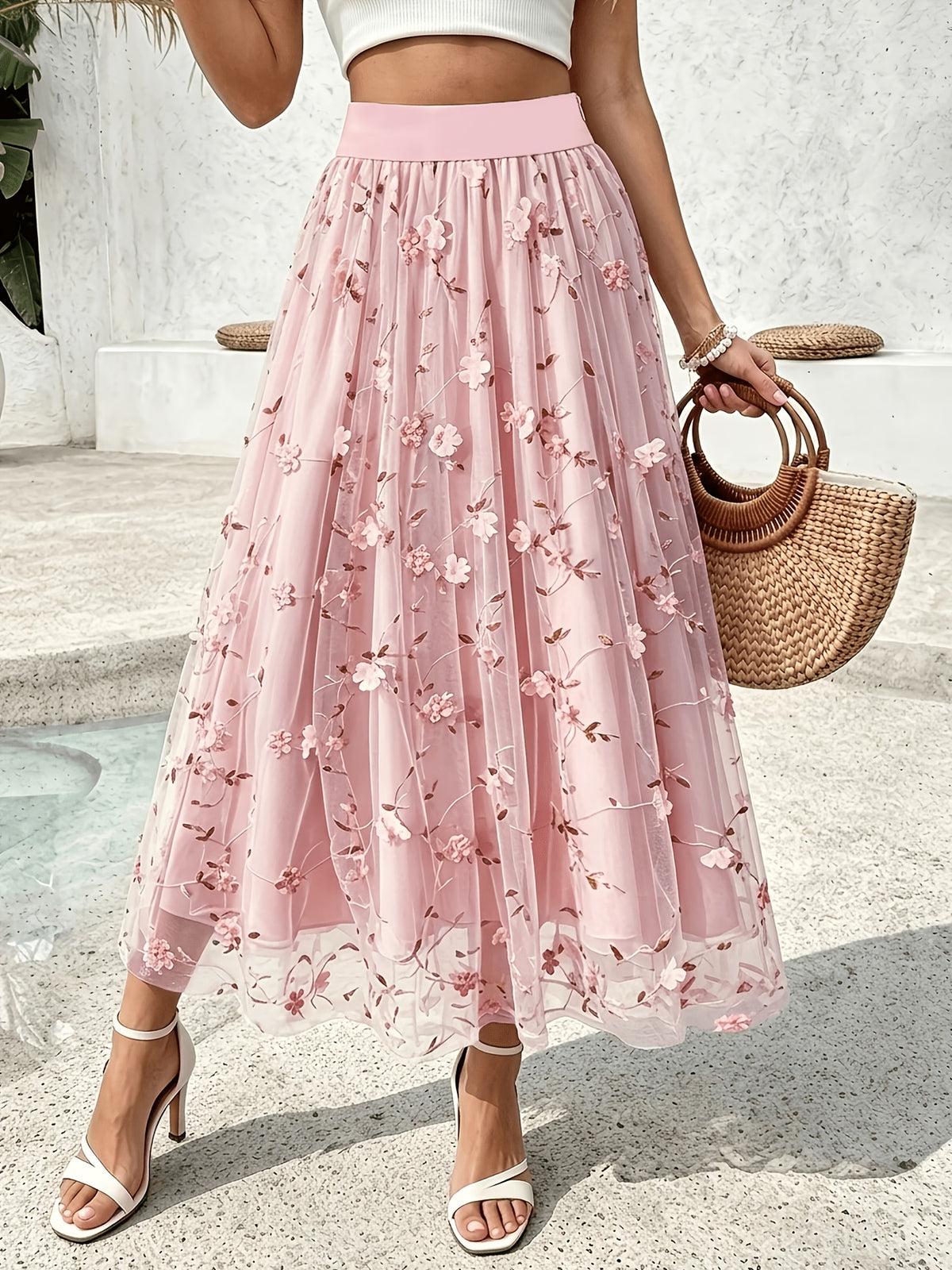 Women'S Elegant Spring Summer Embroidered Mesh Floral Appliqué A-Line Vacation Dress, Suitable for Vacation, Dating, Parties, Commuting And Other Occasions - Pink