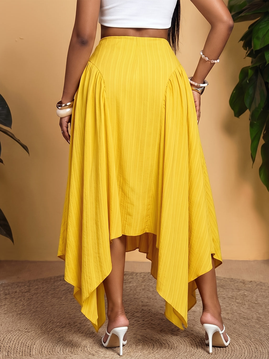 2026 Summer New French Elegant Solid Color Pleated Half Skirt, High-Waist Irregular Flared Long Dress, Vacation Travel Photography Essential Item - Yellow