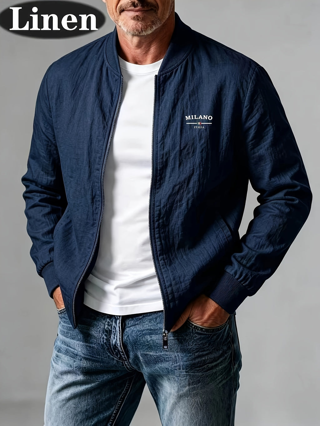 Spring Summer Linen Washed Pleated Baseball Collar Jacket Men'S MILANO Letter Print Thin Breathable Coat Middle-Aged Dad Loose Zipper Cardigan Multi-Color Versatile Commute Casual Outerwear Baseball Uniform Top, Transitional Bomber Jacket - Navy Color