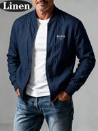 Spring Summer Linen Washed Pleated Baseball Collar Jacket Men'S MILANO Letter Print Thin Breathable Coat Middle-Aged Dad Loose Zipper Cardigan Multi-Color Versatile Commute Casual Outerwear Baseball Uniform Top, Transitional Bomber Jacket - Navy Color