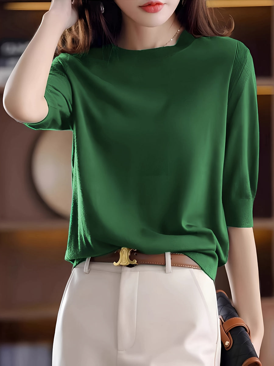 Women's Fine-Spun Round Neck Mid-Sleeve Top, New Spring/Autumn Vintage Elegant Top, Five-Part Sleeve Base Layer Shirt - Green