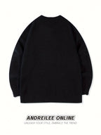 Spring Autumn Winter Men Women Street Individual Fashion Cartoon Person Singing Notes Pattern Casual Long Sleeve Sweater Round Neck Casual Versatile Loose Drop Shoulder Pullover Knit Top - Black