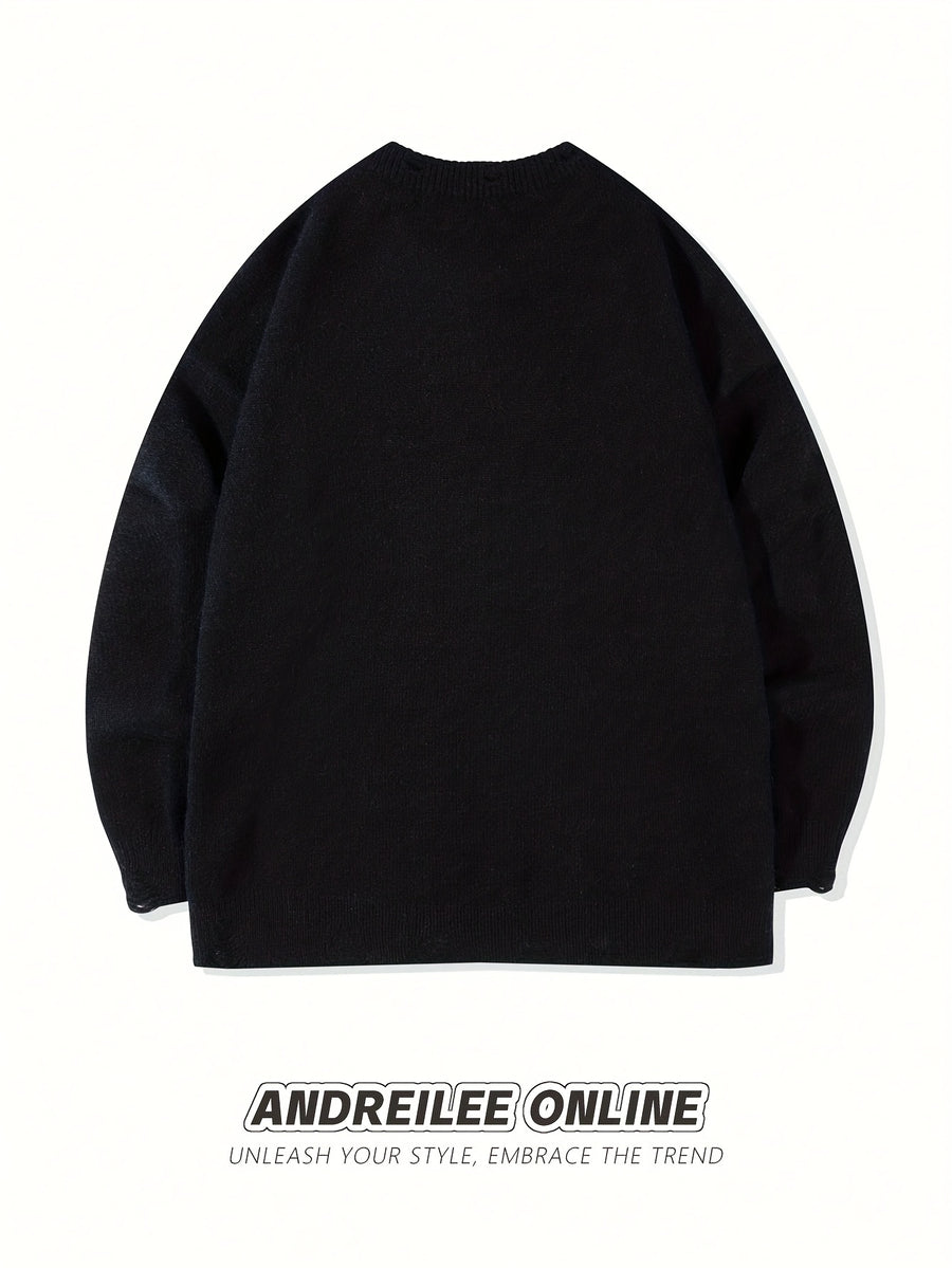 Spring Autumn Winter Men Women Street Individual Fashion Cartoon Person Singing Notes Pattern Casual Long Sleeve Sweater Round Neck Casual Versatile Loose Drop Shoulder Pullover Knit Top - Black