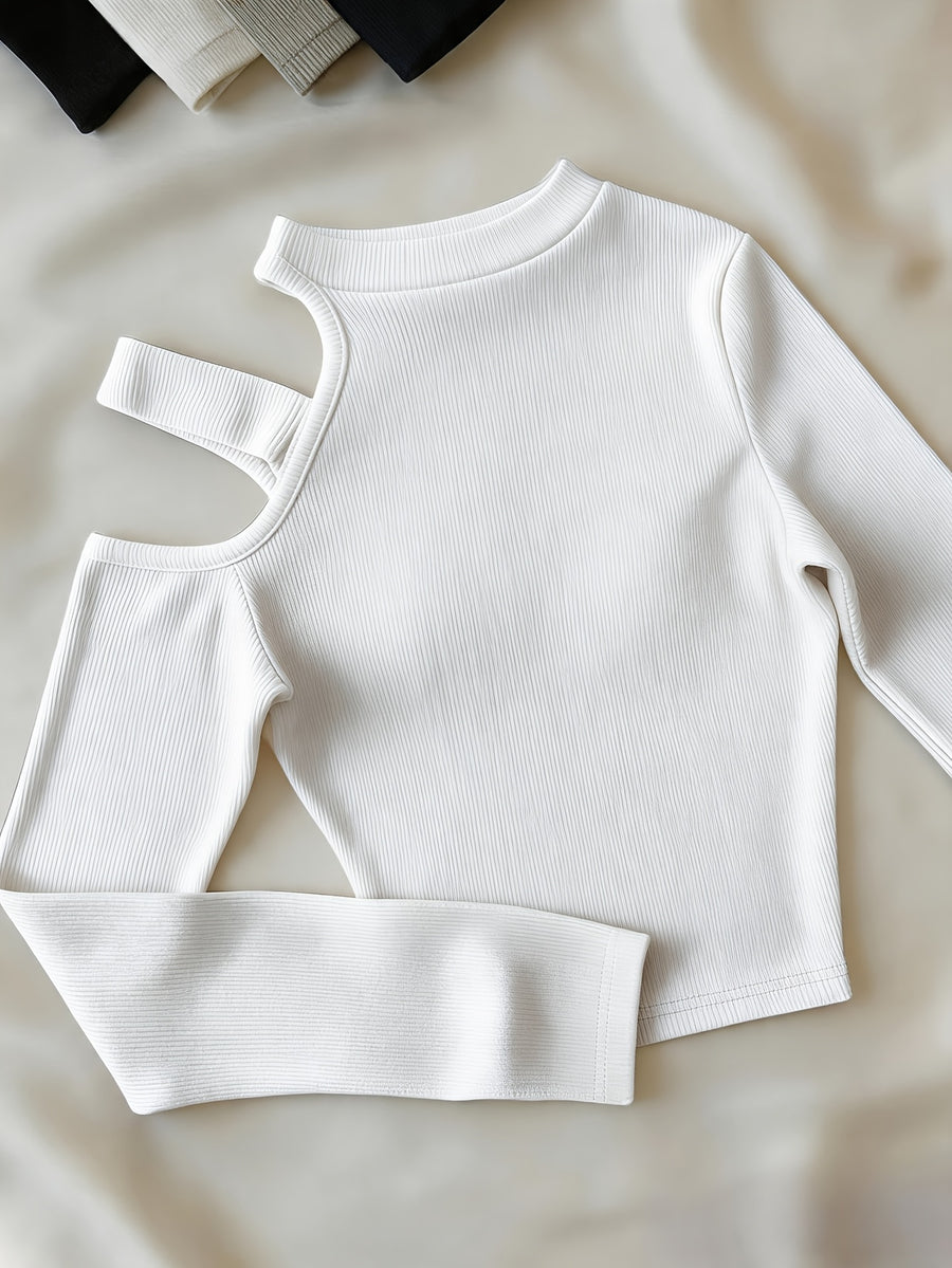 Women'S Spring Autumn High Neck Off-Shoulder Top with Embroidered Letters on Shoulder Straps, Fitted Short Blouse T-Shirt - White