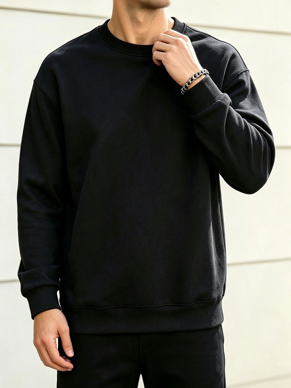 2pcs Men'S Spring Autumn Fashion Round Neck Sweatshirts - Knit Long Sleeve, Blend with Slight Stretch, Ideal for Studio And Outdoor Casual Running, True Color Pullover, Perfect Gift - Black+gray