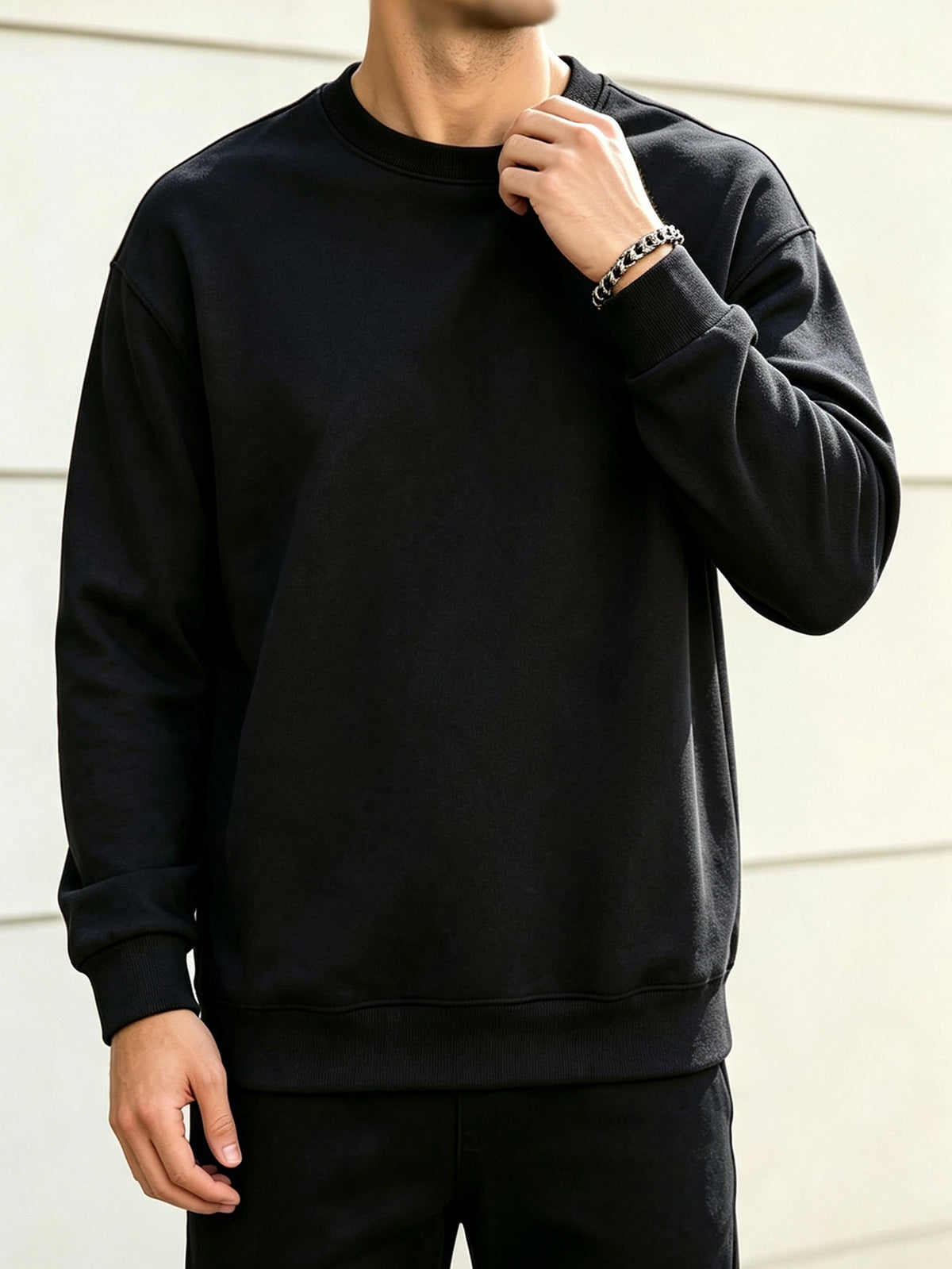 2pcs Men'S Spring Autumn Fashion Round Neck Sweatshirts - Knit Long Sleeve, Blend with Slight Stretch, Ideal for Studio And Outdoor Casual Running, True Color Pullover, Perfect Gift - Black+gray