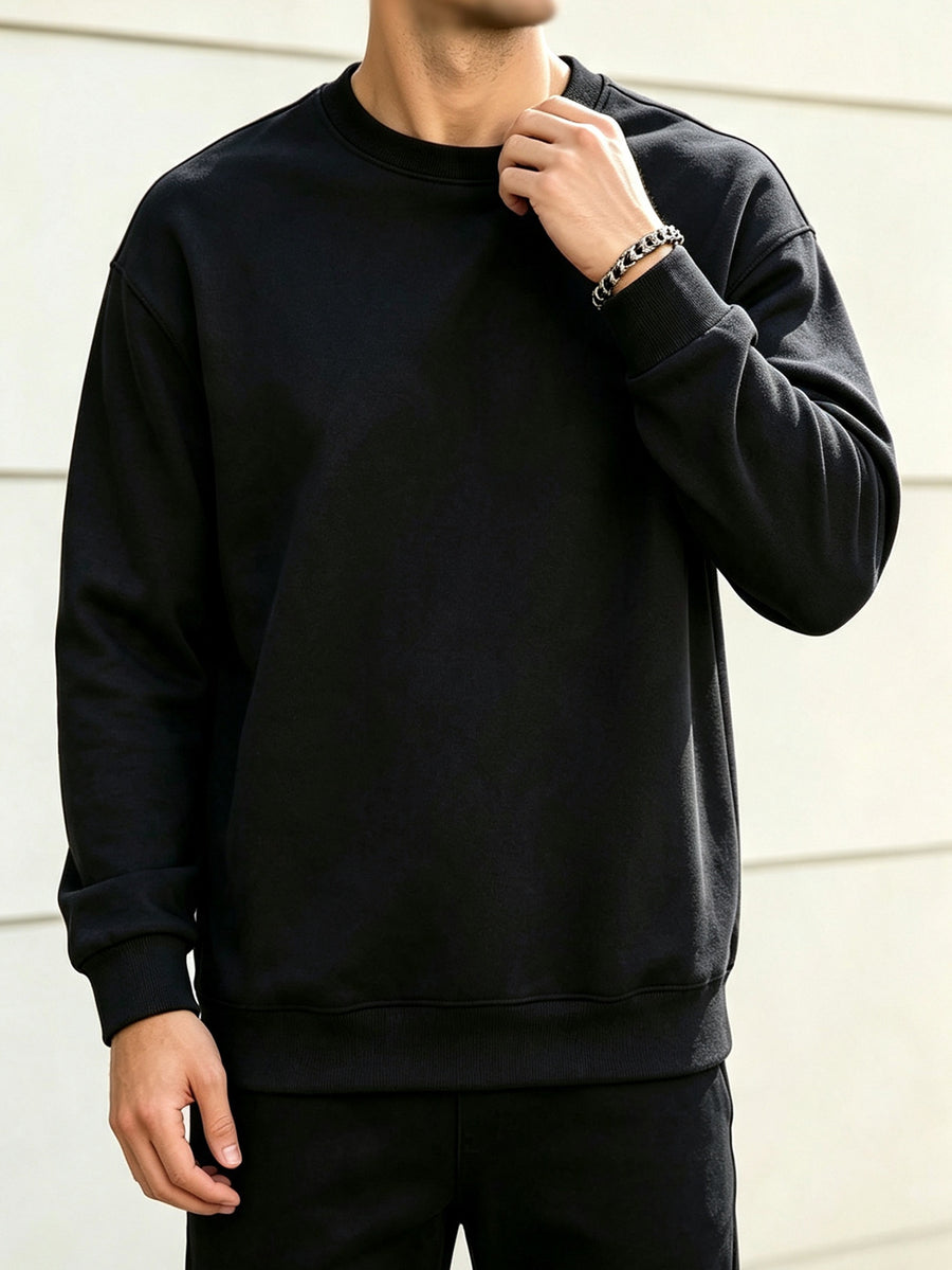 2pcs Men'S Spring Autumn Fashion Round Neck Sweatshirts - Knit Long Sleeve, Blend with Slight Stretch, Ideal for Studio And Outdoor Casual Running, True Color Pullover, Perfect Gift - Black+gray