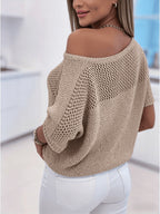 Women's Off-Shoulder/ Neck Sweater - Semi-Sheer Hollow-Out Short-Sleeve Pullover, Neck Blouse-Compatible Sweater Suitable for Spring/Summer, Machine Washable Solid Color Minimalist Top - Khaki