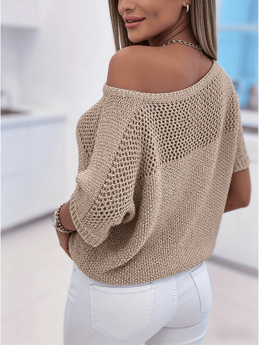 Women's Off-Shoulder/ Neck Sweater - Semi-Sheer Hollow-Out Short-Sleeve Pullover, Neck Blouse-Compatible Sweater Suitable for Spring/Summer, Machine Washable Solid Color Minimalist Top - Khaki