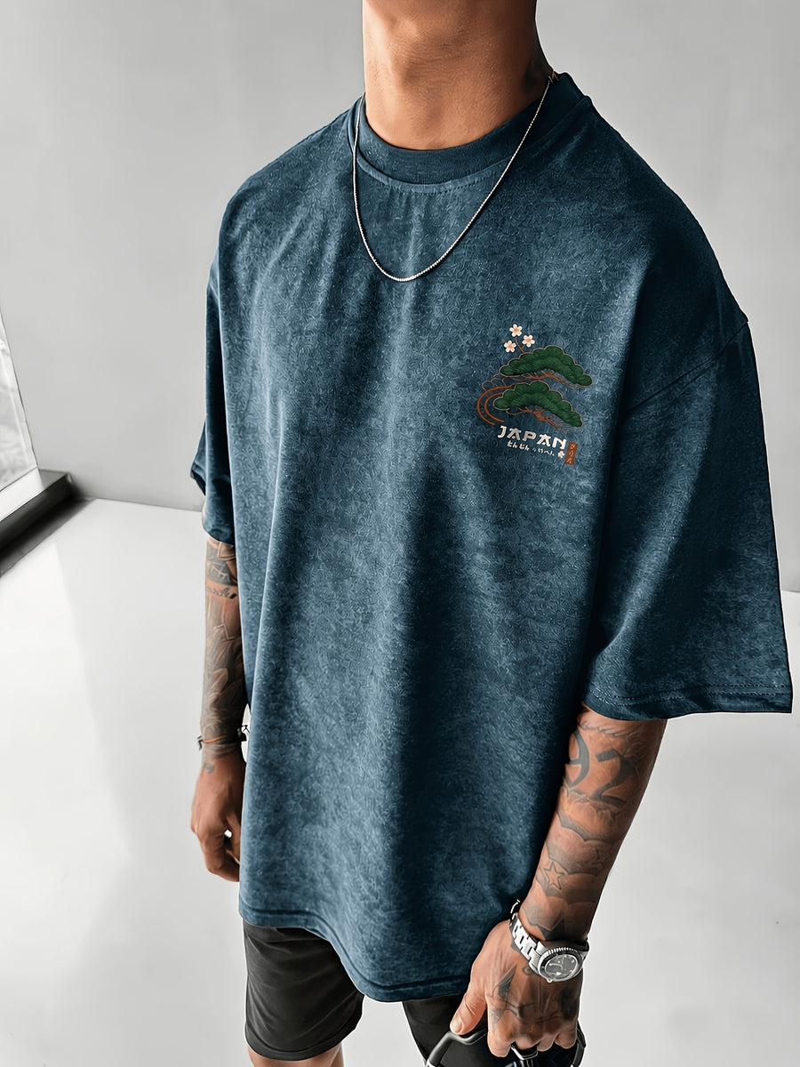 Printed Design - Not Textured: Tang Yunshu American Sporty Style Trendy Men's Japanese National Chic Printed Short Sleeve Shirt, Distressed Washed Finish + Exquisite Crane and Pine Tree Pattern, Crisp Wrinkle-Resistant and Wear-Resistant Fabric - Navy Color