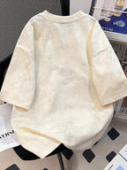 Women' High Street Fashion Brand Tie-Dye T-Shirt - Happy Letter & Heart Print Short Sleeve Top, BF Suitable for Casual Round Neck Blouse Tee, Spring Summer Loose Fit Blouse T-Shirts for Casual Attire (Machine Washable) - Apricot