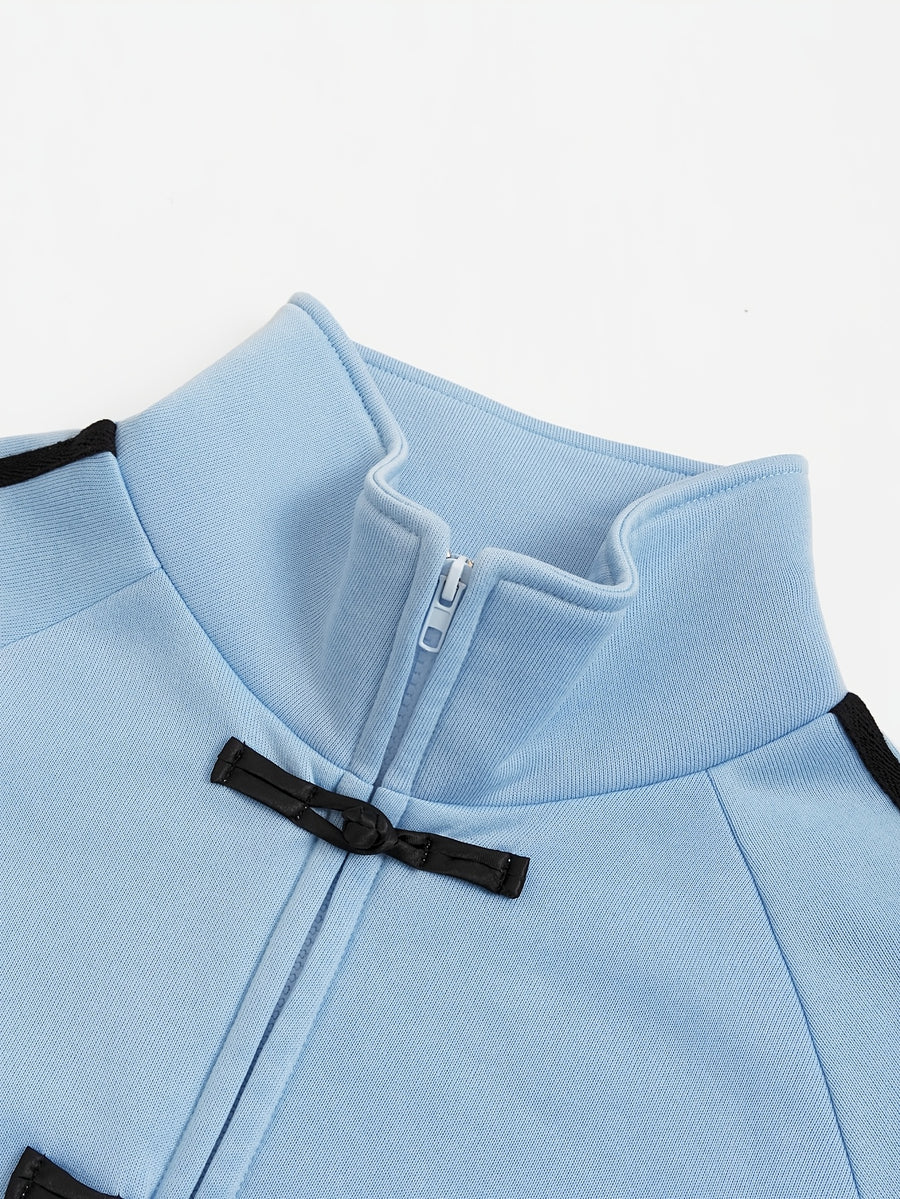 1pc Women'S And Men'S Jacket with Chinese Retro Stand Collar And Striped Patchwork Design - Front Zipper And Tie-Up Closure, Suitable for Parties, Daily Commute, And Casual Wear - Fashionable Retro Warm Outerwear, Light Board - Blue