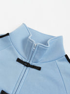 1pc Women'S And Men'S Jacket with Chinese Retro Stand Collar And Striped Patchwork Design - Front Zipper And Tie-Up Closure, Suitable for Parties, Daily Commute, And Casual Wear - Fashionable Retro Warm Outerwear, Light Board - Blue