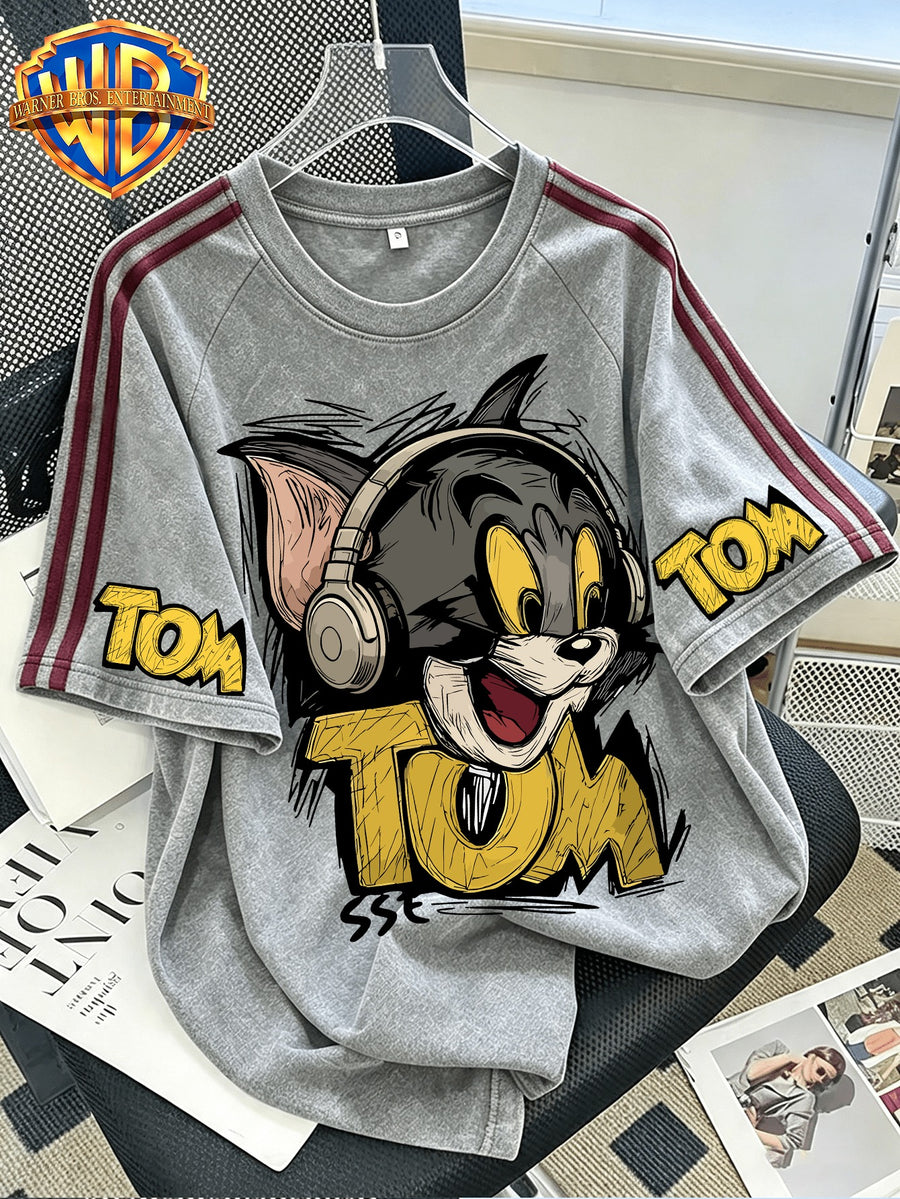 Officially Licensed by Warner Bros. - T-Shirt with a Fun Cartoon Graphic of a Character Wearing Headphones And Sleeves, Featuring a Distressed, Washed-Out Stripe Pattern; Suitable for Outdoor Wear And Sports Activities; Unisex Design - Light Grey