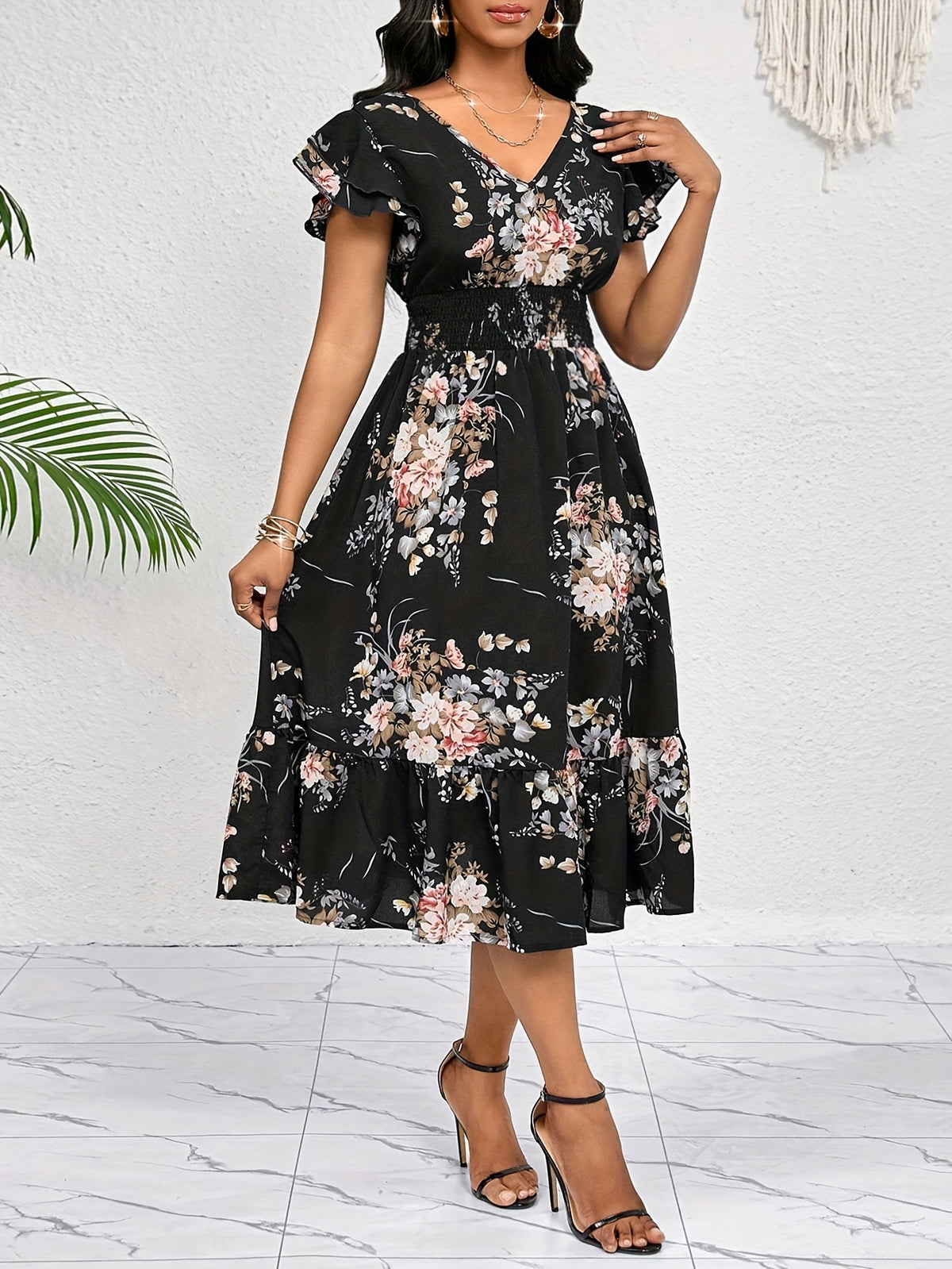 Women's Floral Print Ruffle Hem Belted Midi Dress, Casual Elegant Party & Office Dress for All Seasons/Birthday & Event Dresses/Festival Dresses, Bohemian Style Sun Dress - Multicolor