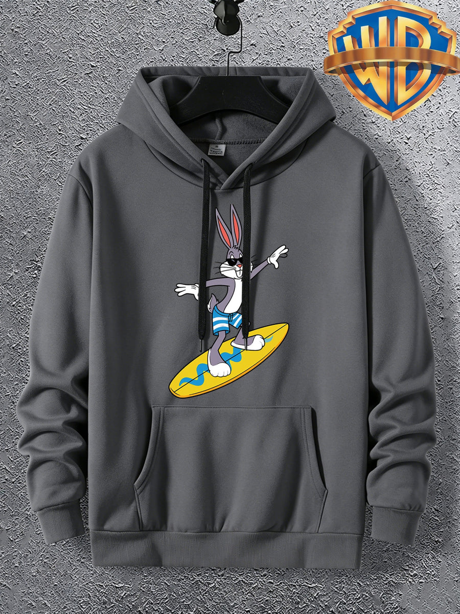 Warner Bros. Official Men's Autumn Hooded Sweatshirt, with Ribbed Cuffs, Breathable Polyester Fabric, Summer Beach Surfing Anime Print, Suitable for Casual and Sporty Outfits, Friend Gatherings, and Daily Shopping, Pocket Storage - Deep Gray