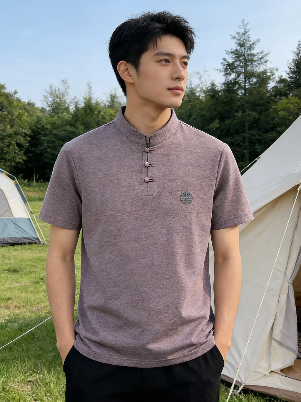 Summer New Fashion Chinese Style Comfortable Fabric Men'S Casual Sports Polo Shirt Short Sleeve, Gift, Casual Wear - gray pink