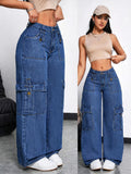 Women'S Slight Stretch Multi-Pocket Baggy Trousers, Individual Decor Natural Wash Craft Straight Wide Cargo Faux Denim, Trendy Street Styledenim - Blue