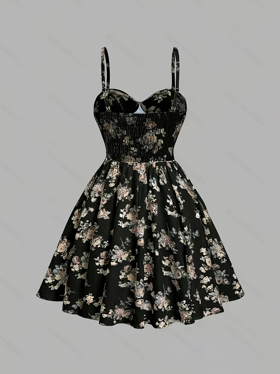 Summer Elegant Floral Print Waist-Cinching Strappy Mini Dress for Women - Multicolor