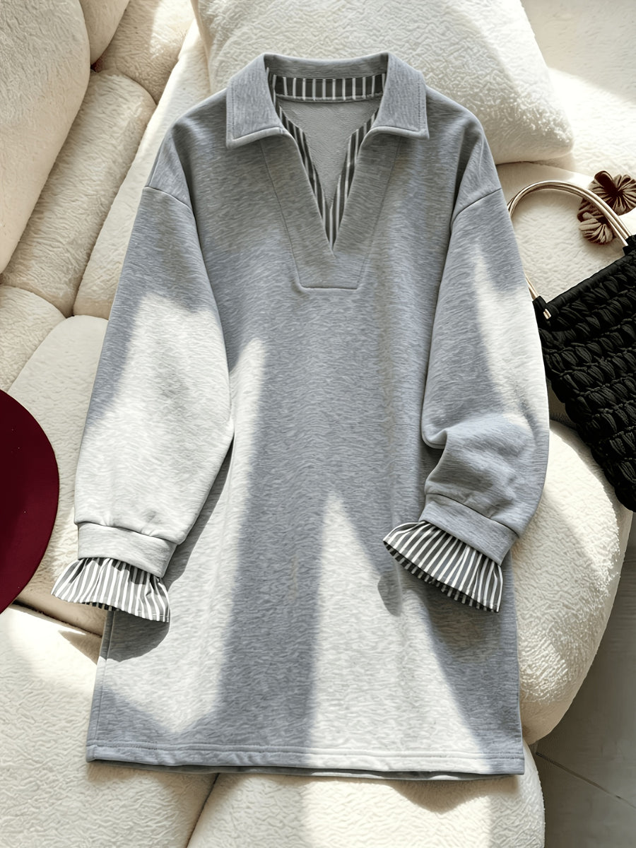 Grey Long-Sleeve 2-in-1 Look Sweatshirt for Women, Stylish Loose Fit, Casual, Age-Reducing, Top - Black striped collar