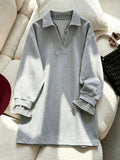 Grey Long-Sleeve 2-in-1 Look Sweatshirt for Women, Stylish Loose Fit, Casual, Age-Reducing, Top - Black striped collar