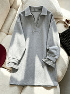 Grey Long-Sleeve 2-in-1 Look Sweatshirt for Women, Stylish Loose Fit, Casual, Age-Reducing, Top - Black striped collar