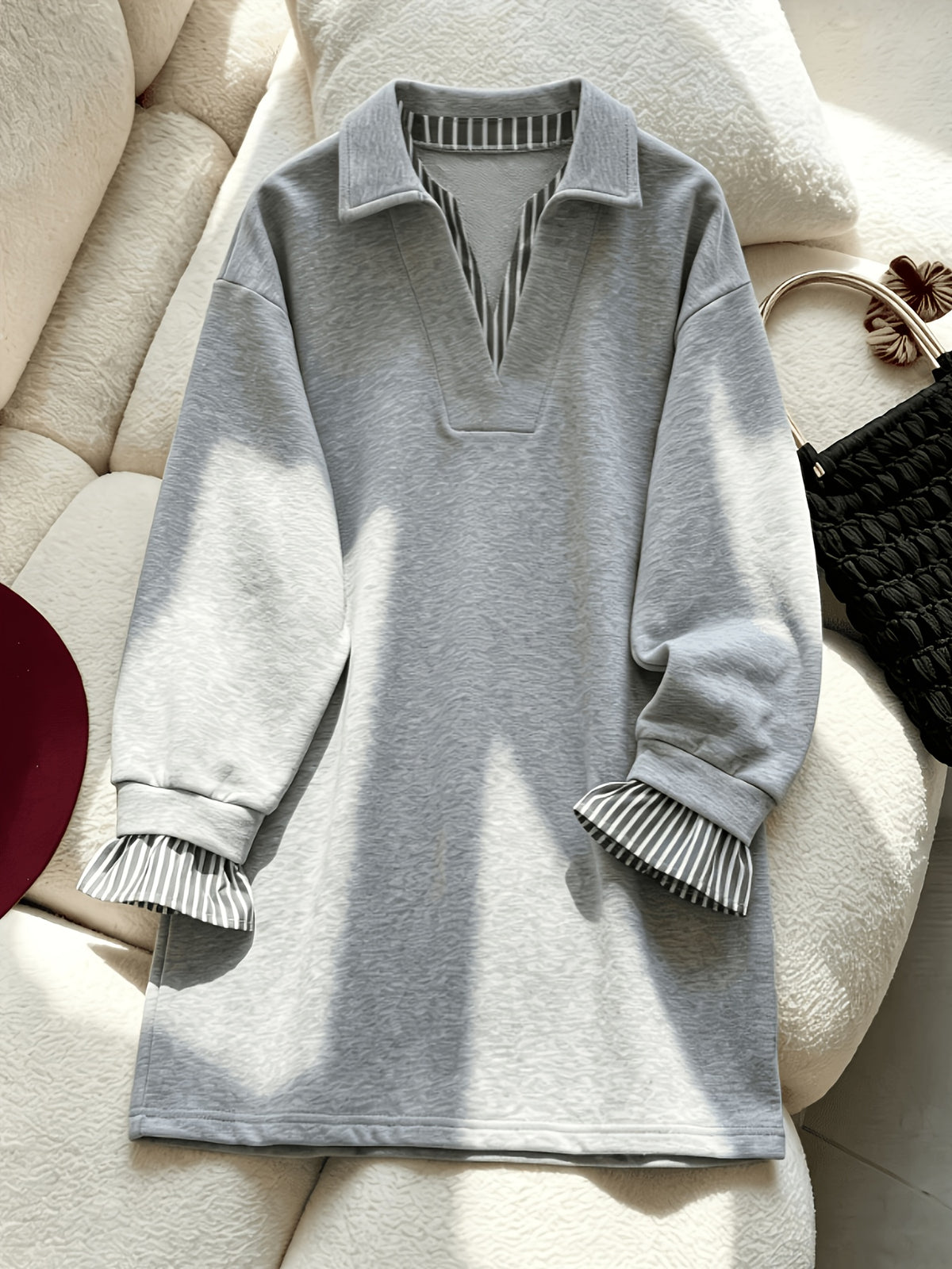 Grey Long-Sleeve 2-in-1 Look Sweatshirt for Women, Stylish Loose Fit, Casual, Age-Reducing, Top - Black striped collar